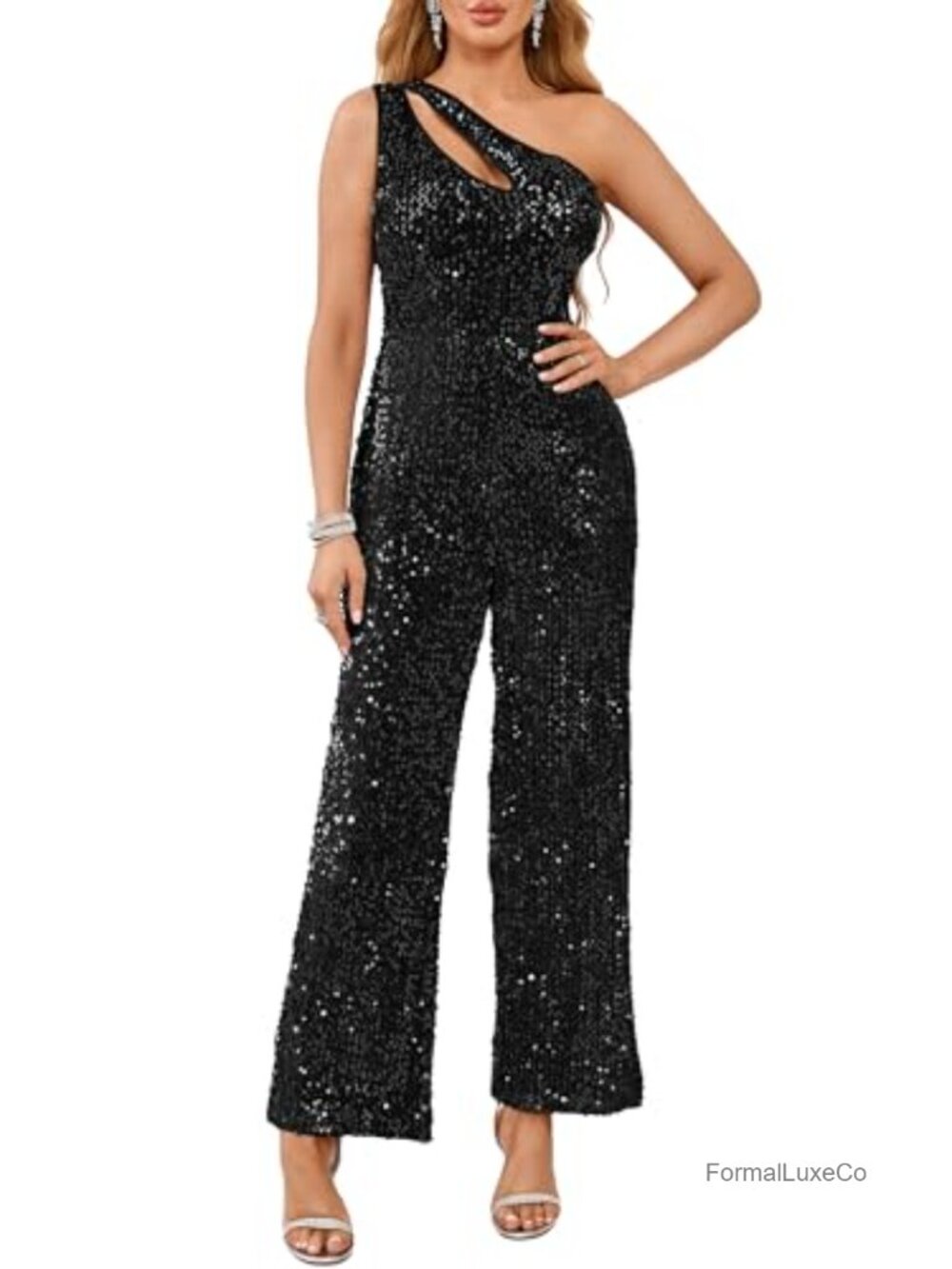 Sequin One Shoulder Wide Leg Jumpsuit Sleeveless Party Romper